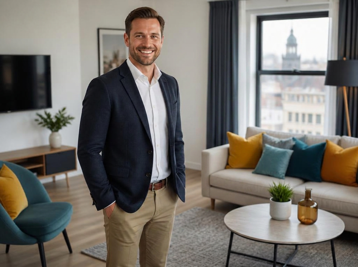 A CoStays founder standing in a professionally managed short-let apartment